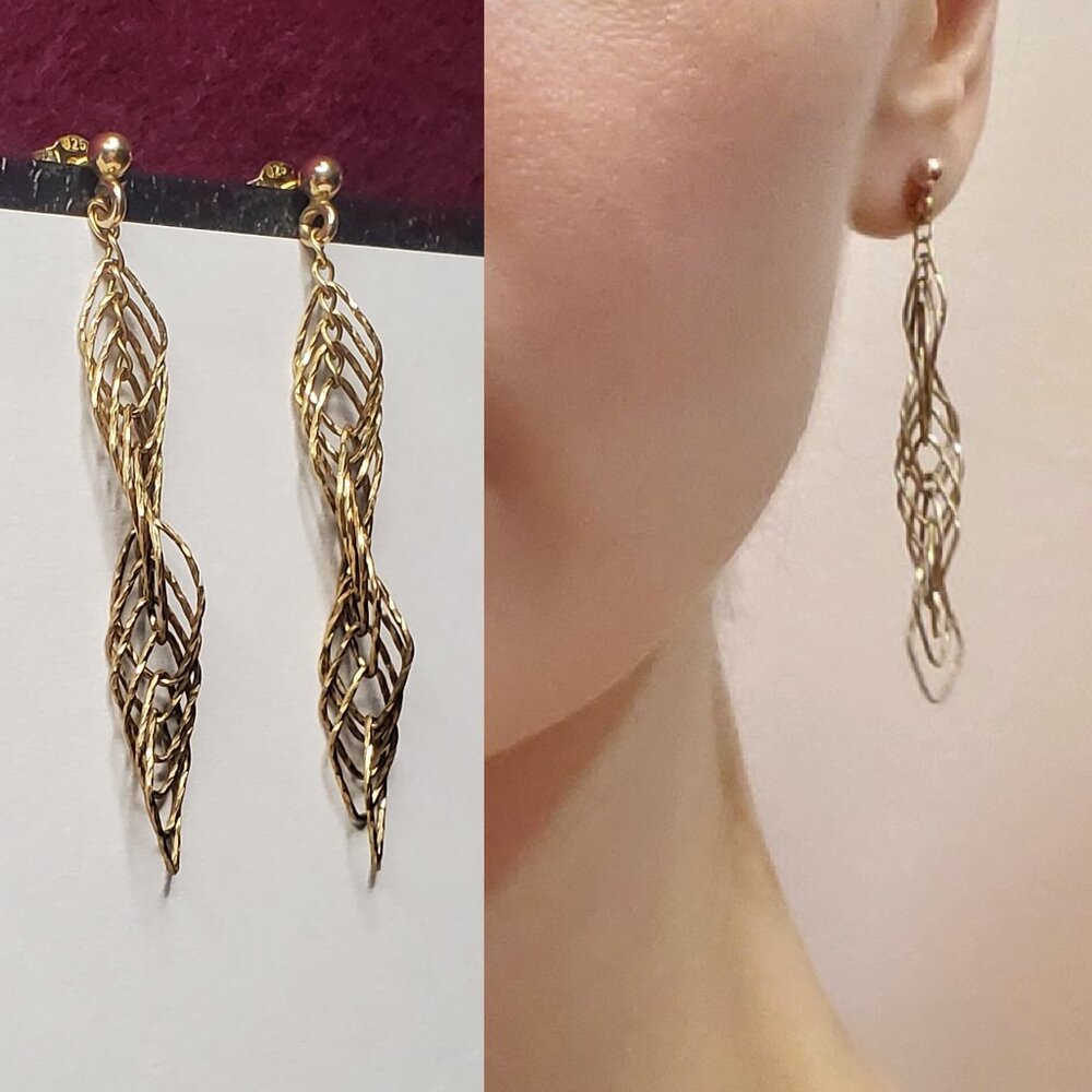 Sterling Silver Gold Spiral Twist Earrings 2.25 inches Long